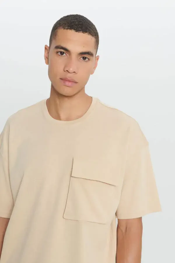 Erkek Bej Pamuklu Oversize Fit Bol Kesim Bisiklet Yaka Tişört-Bej - 5