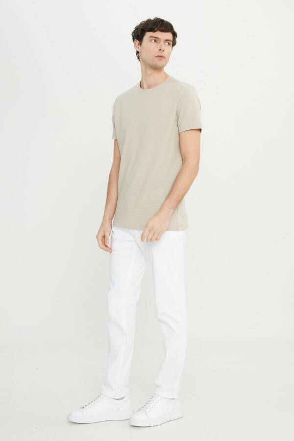 Erkek Bej Pamuklu Slim Fit Dar Kesim Bisiklet Yaka Esnek Tişört - Bej - 2