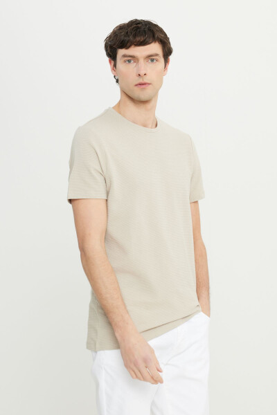 Erkek Bej Pamuklu Slim Fit Dar Kesim Bisiklet Yaka Esnek Tişört - Bej - 3