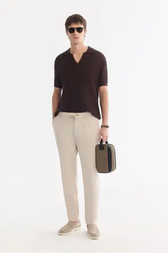 Erkek Bej Beli Bağcıklı Keten Karışımlı Chino Relaxed Fit Pantolon B003036 - Bej - 8