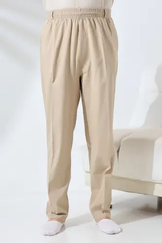 Erkek Bej Rahat Kesim Beli Lastikli Keten Hac ve Umre Şalvar Pantolon-Bej - IHVAN ONLINE (1)