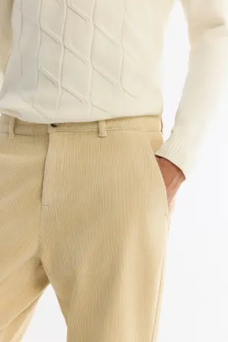 Erkek Bej Klasik Bel Kalın Fitilli Kadife Chino Relaxed Fit Pantolon A42Y3017 - Bej - 5