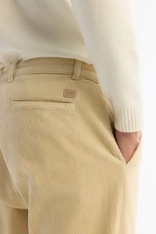 Erkek Bej Klasik Bel Kalın Fitilli Kadife Chino Relaxed Fit Pantolon A42Y3017 - Bej - 7