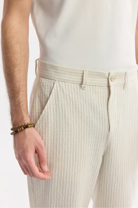 Erkek Bej Klasik Bel Viskon Karışımlı Gofreli Relaxed Fit Pantolon A51Y3044 - Bej - 4