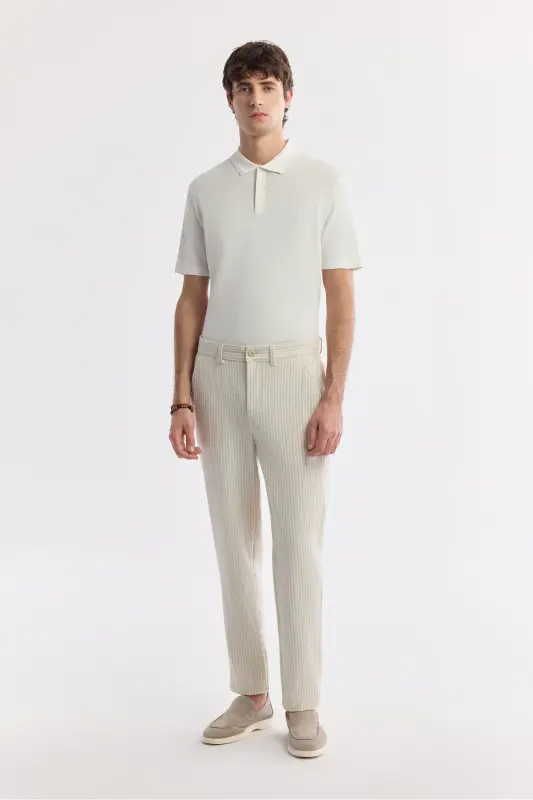 Erkek Bej Klasik Bel Viskon Karışımlı Gofreli Relaxed Fit Pantolon A51Y3044 - Bej - 6