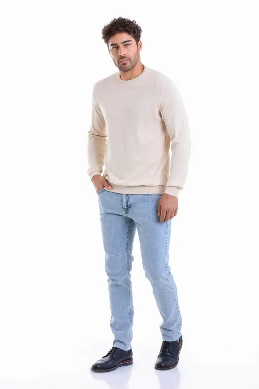 Erkek Bej Regular Fit Düz 100% Pamuk Bisiklet Yaka Triko Kazak - Krem - 3