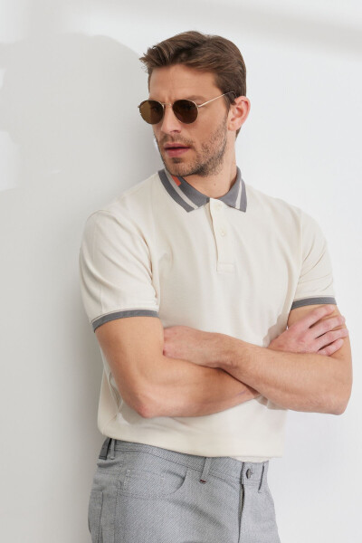 Erkek Bej Slim Fit Dar Kesim %100 Pamuk Kıvrılmaz Polo Yaka Tişört - Bej - 12