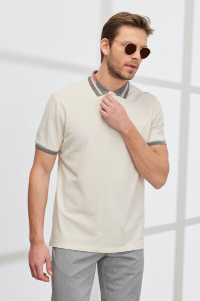 Erkek Bej Slim Fit Dar Kesim %100 Pamuk Kıvrılmaz Polo Yaka Tişört - Bej - 13