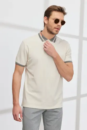 Erkek Bej Slim Fit Dar Kesim %100 Pamuk Kıvrılmaz Polo Yaka Tişört - Bej - 5