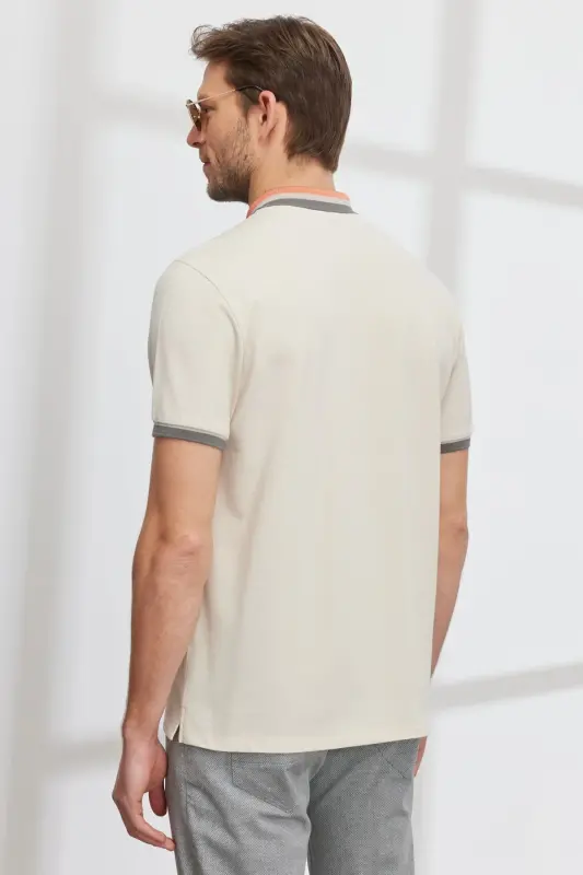 Erkek Bej Slim Fit Dar Kesim %100 Pamuk Kıvrılmaz Polo Yaka Tişört - Bej - 8