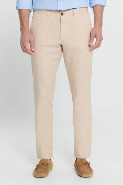 Erkek Bej Slim Fit Dar Kesim %100 Pamuk Yan Cep Pantolon - 1