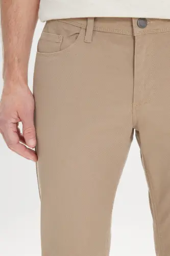 Erkek Bej Slim Fit Dar Kesim 5 Cep Armürlü Esnek Pantolon - Bej - 6