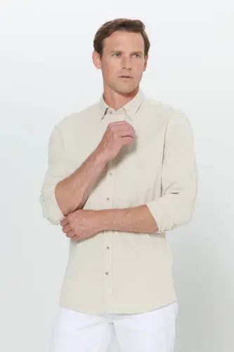 Erkek Bej Slim Fit Dar Kesim Gizli Düğme Yaka Pamuklu Gömlek-Bej - 1
