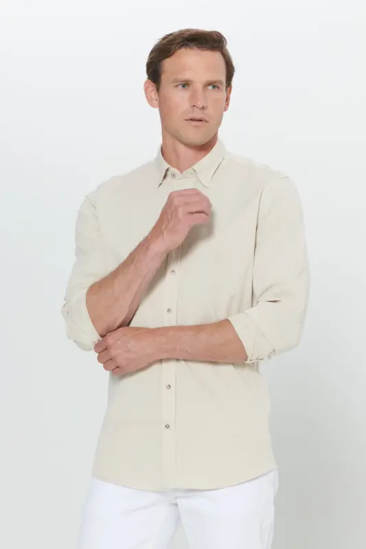 Erkek Bej Slim Fit Dar Kesim Gizli Düğme Yaka Pamuklu Gömlek-Bej - 1