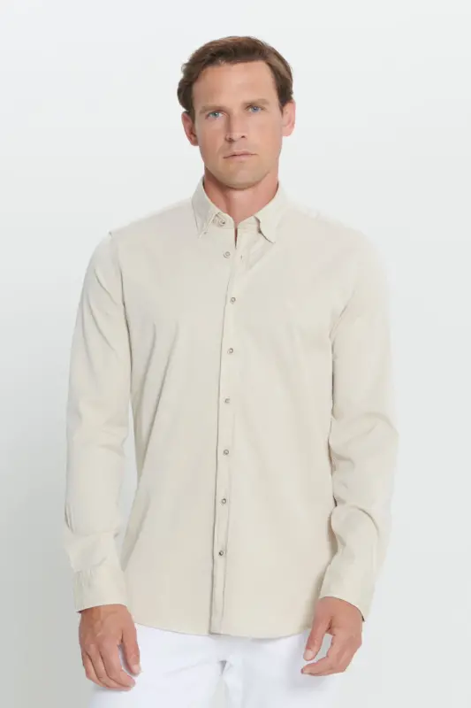 Erkek Bej Slim Fit Dar Kesim Gizli Düğme Yaka Pamuklu Gömlek-Bej - 3