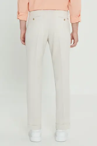 Erkek Bej Slim Fit Dar Kesim Kırışmaz Kumaş Gofre Desenli Beli Lastikli Pantolon - Bej - 7