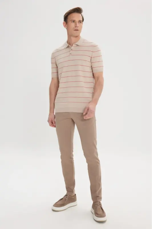 Erkek Bej Slim Fit Dar Kesim Yan Cepli Pamuklu Esnek Armürlü Pantolon-Bej - 2