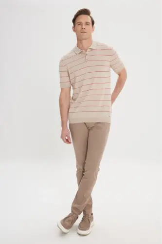 Erkek Bej Slim Fit Dar Kesim Yan Cepli Pamuklu Esnek Armürlü Pantolon-Bej - 5