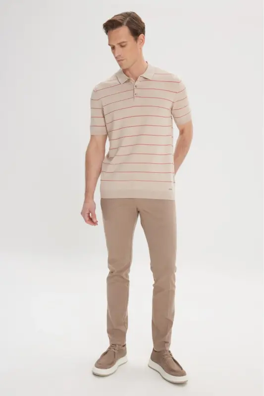 Erkek Bej Slim Fit Dar Kesim Yan Cepli Pamuklu Esnek Armürlü Pantolon - Bej - 3