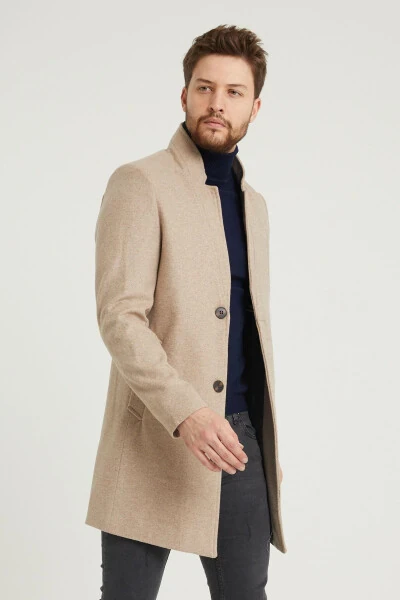 Erkek Bej Slim Fit Dik Yaka Kaşe Kaban-Bej - 3