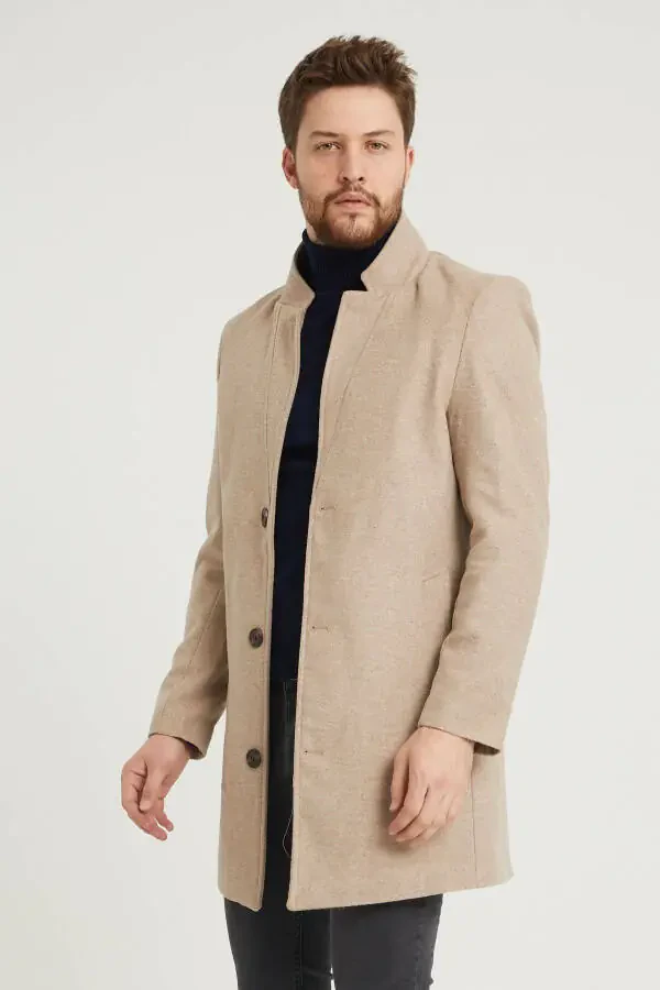 Erkek Bej Slim Fit Dik Yaka Kaşe Kaban-Bej - 4