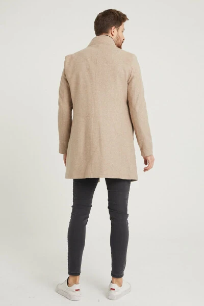 Erkek Bej Slim Fit Dik Yaka Kaşe Kaban-Bej - 5