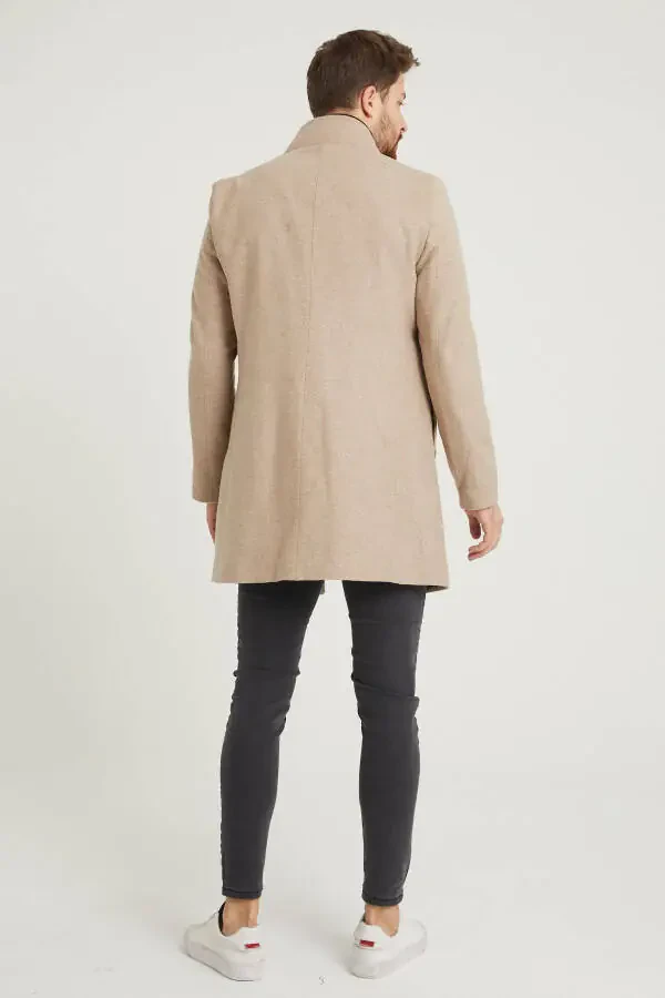 Erkek Bej Slim Fit Dik Yaka Kaşe Kaban-Bej - 5