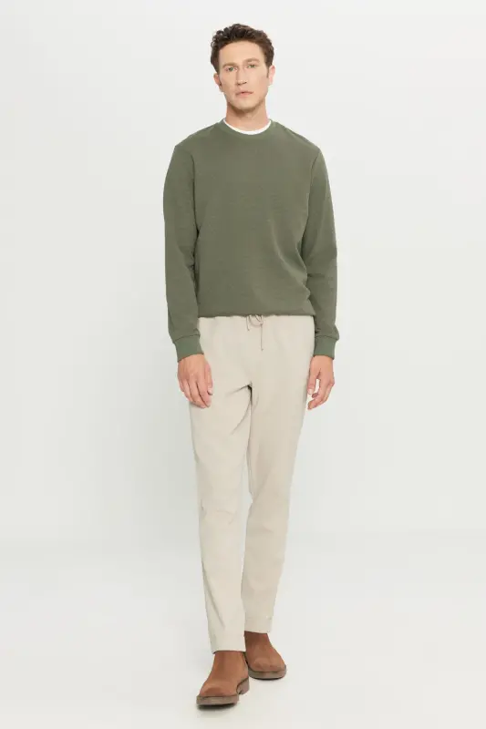 Erkek Bej Diz İzi Yapmayan Beli Bağlamalı Yan Cepli Jogger Pantolon Slim Fit Rahat Kesim-Bej - 5