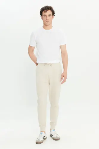 Erkek Bej Standart Fit Normal Kesim 2 İplik Cepli Rahat Recycle Pamuklu Jogger Eşofman Altı-Bej - 3