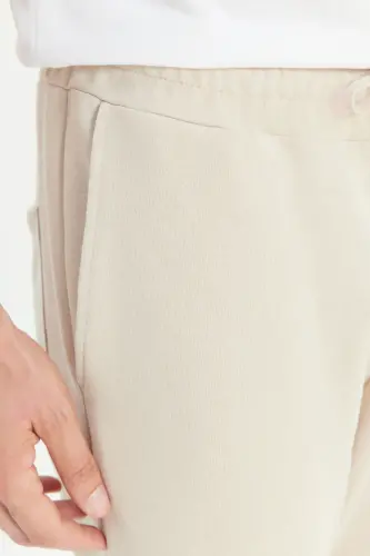 Erkek Bej Standart Fit Normal Kesim 2 İplik Cepli Rahat Recycle Pamuklu Jogger Eşofman Altı-Bej - 4