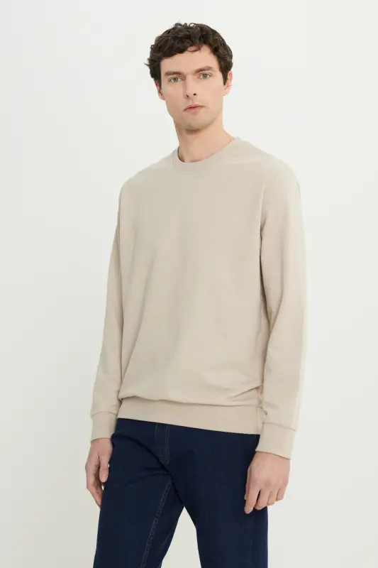 Erkek Bej Standart Fit Normal Kesim 2 İplik Recycle Pamuklu Bisiklet Yaka Sweatshirt - Bej - 1