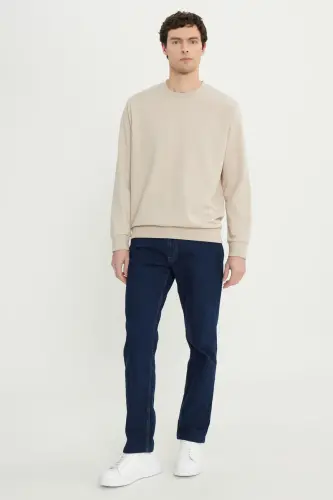 Erkek Bej Standart Fit Normal Kesim 2 İplik Recycle Pamuklu Bisiklet Yaka Sweatshirt - Bej - 3