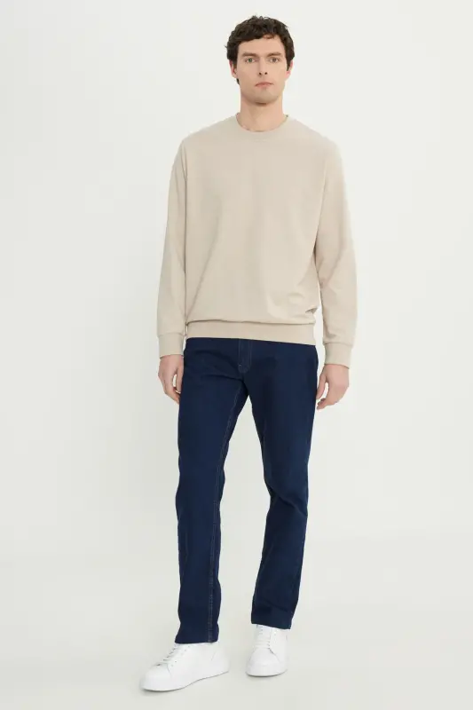 Erkek Bej Standart Fit Normal Kesim 2 İplik Recycle Pamuklu Bisiklet Yaka Sweatshirt - Bej - 3