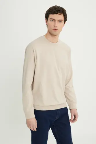Erkek Bej Standart Fit Normal Kesim 2 İplik Recycle Pamuklu Bisiklet Yaka Sweatshirt - Bej - 4