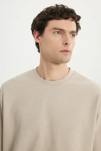 Erkek Bej Standart Fit Normal Kesim 2 İplik Recycle Pamuklu Bisiklet Yaka Sweatshirt - Bej - 5