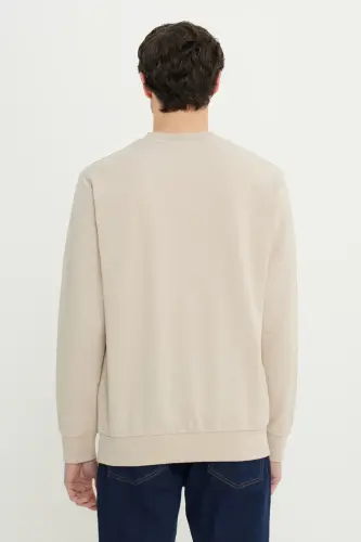 Erkek Bej Standart Fit Normal Kesim 2 İplik Recycle Pamuklu Bisiklet Yaka Sweatshirt - Bej - 6