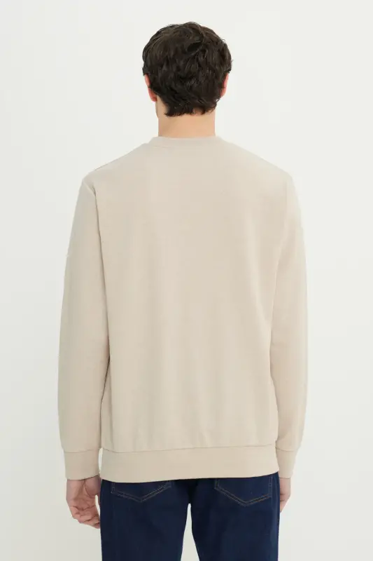 Erkek Bej Standart Fit Normal Kesim 2 İplik Recycle Pamuklu Bisiklet Yaka Sweatshirt - Bej - 6