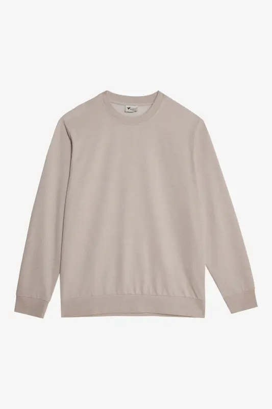 Erkek Bej Standart Fit Normal Kesim 2 İplik Recycle Pamuklu Bisiklet Yaka Sweatshirt - Bej - 7