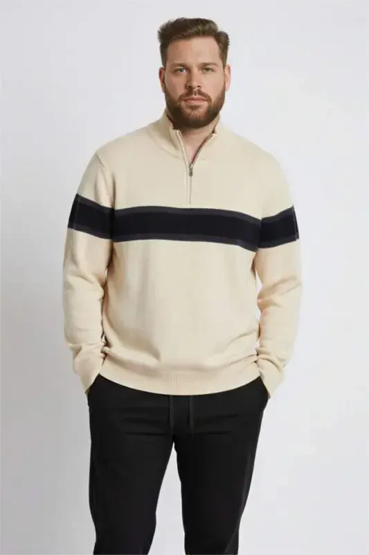 Erkek Bej Standart Fit Normal Kesim Balıkçı Yaka Yarı Fermuarlı Çizgili Triko Kazak-Kum - DEFACTO