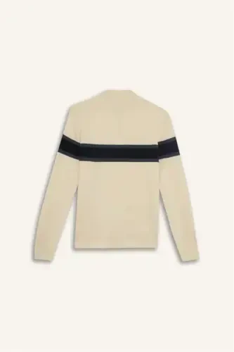 Erkek Bej Standart Fit Normal Kesim Balıkçı Yaka Yarı Fermuarlı Çizgili Triko Kazak-Kum - 5