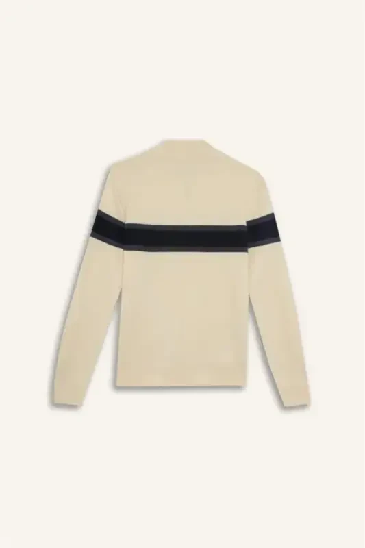 Erkek Bej Standart Fit Normal Kesim Balıkçı Yaka Yarı Fermuarlı Çizgili Triko Kazak-Kum - 5