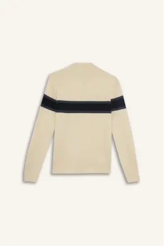 Erkek Bej Standart Fit Normal Kesim Balıkçı Yaka Yarı Fermuarlı Çizgili Triko Kazak-Kum - 9