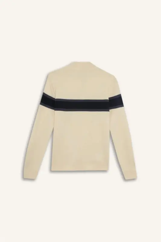 Erkek Bej Standart Fit Normal Kesim Balıkçı Yaka Yarı Fermuarlı Çizgili Triko Kazak-Kum - 9