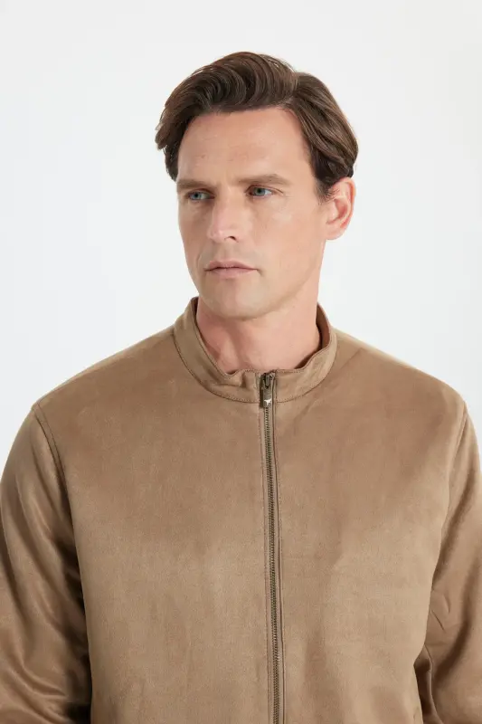 Erkek Bej Standart Fit Normal Kesim Dik Yaka Süet Ceket Mont-Bej - 8