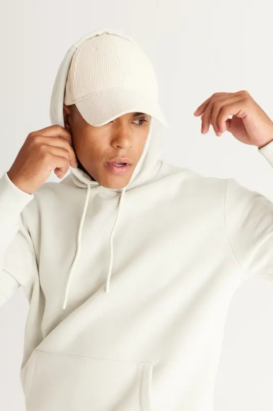 Erkek Bej Standart Fit Normal Kesim Içi Polarlı 3 Iplik Kapüşonlu Pamuklu Sweatshirt-Bej - 4