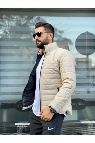 Erkek Bej Su Geçirmez Fermuarlı Şişme Mont - Bej - MEYASU (1)