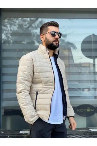 Erkek Bej Su Geçirmez Fermuarlı Şişme Mont - Bej - 4