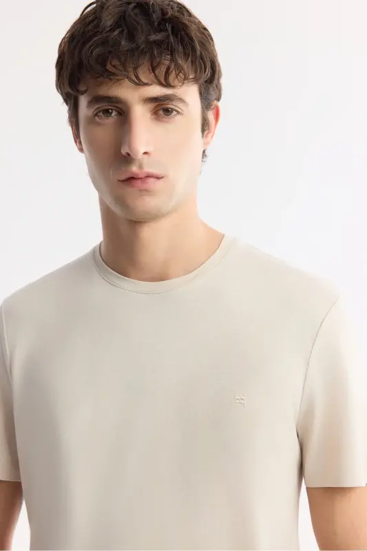 Erkek Bej Bisiklet Yaka Soft Touch Basic Regular Fit T-Shirt B001171-Bej - 2