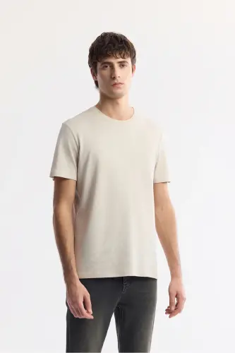 Erkek Bej Bisiklet Yaka Soft Touch Basic Regular Fit T-Shirt B001171 - Bej 
