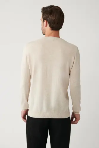 Erkek Bej Bisiklet Yaka Yün Karışımlı Triko Regular Fit Kazak B005013 - Bej - 4